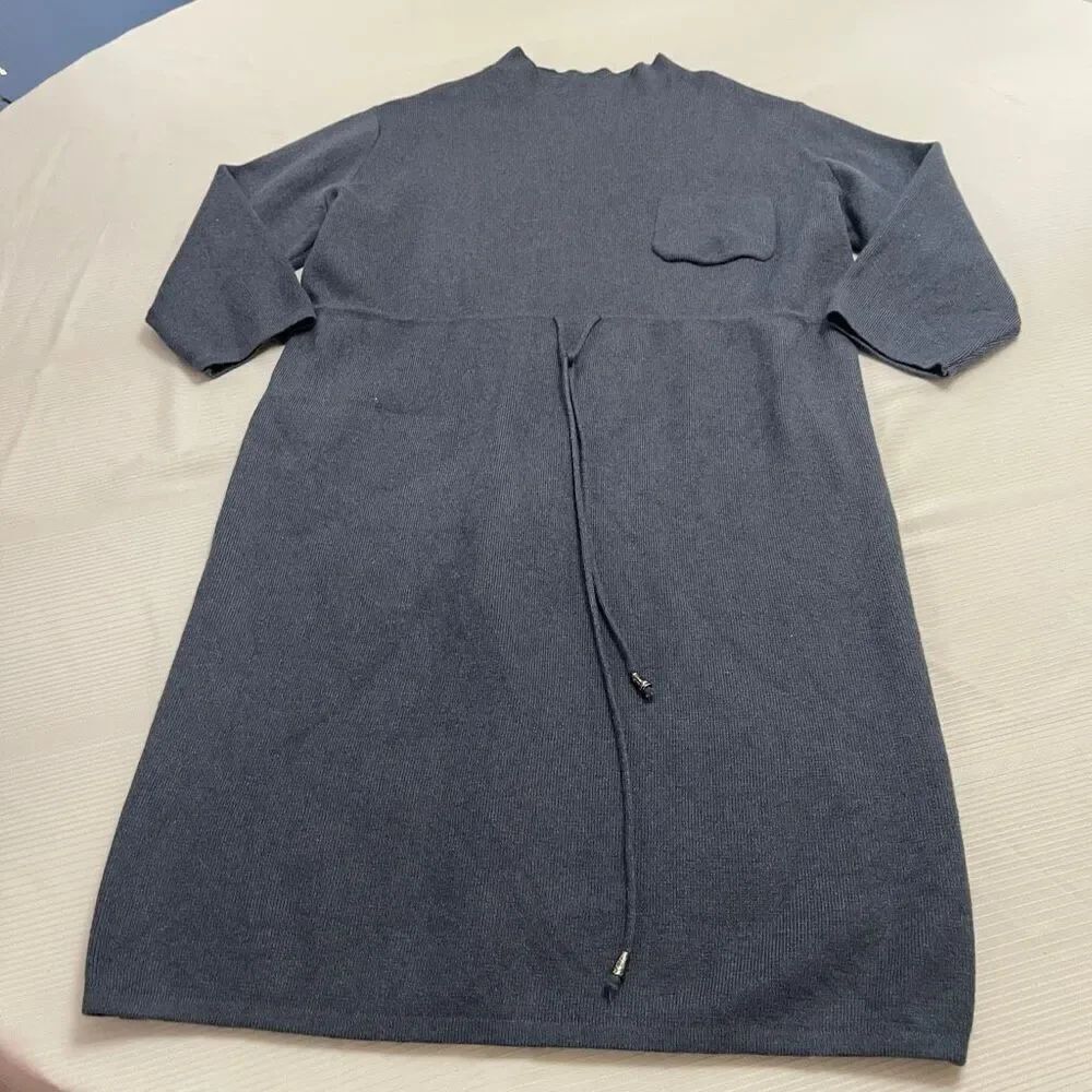 POL Justine Sweater Dress Work Week Size Large Blue Drawstring Waist 3/4 Sleeves